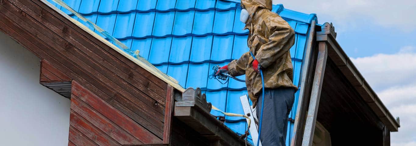 fachowiec stojący na drabinie maluje dach farbą natryskową