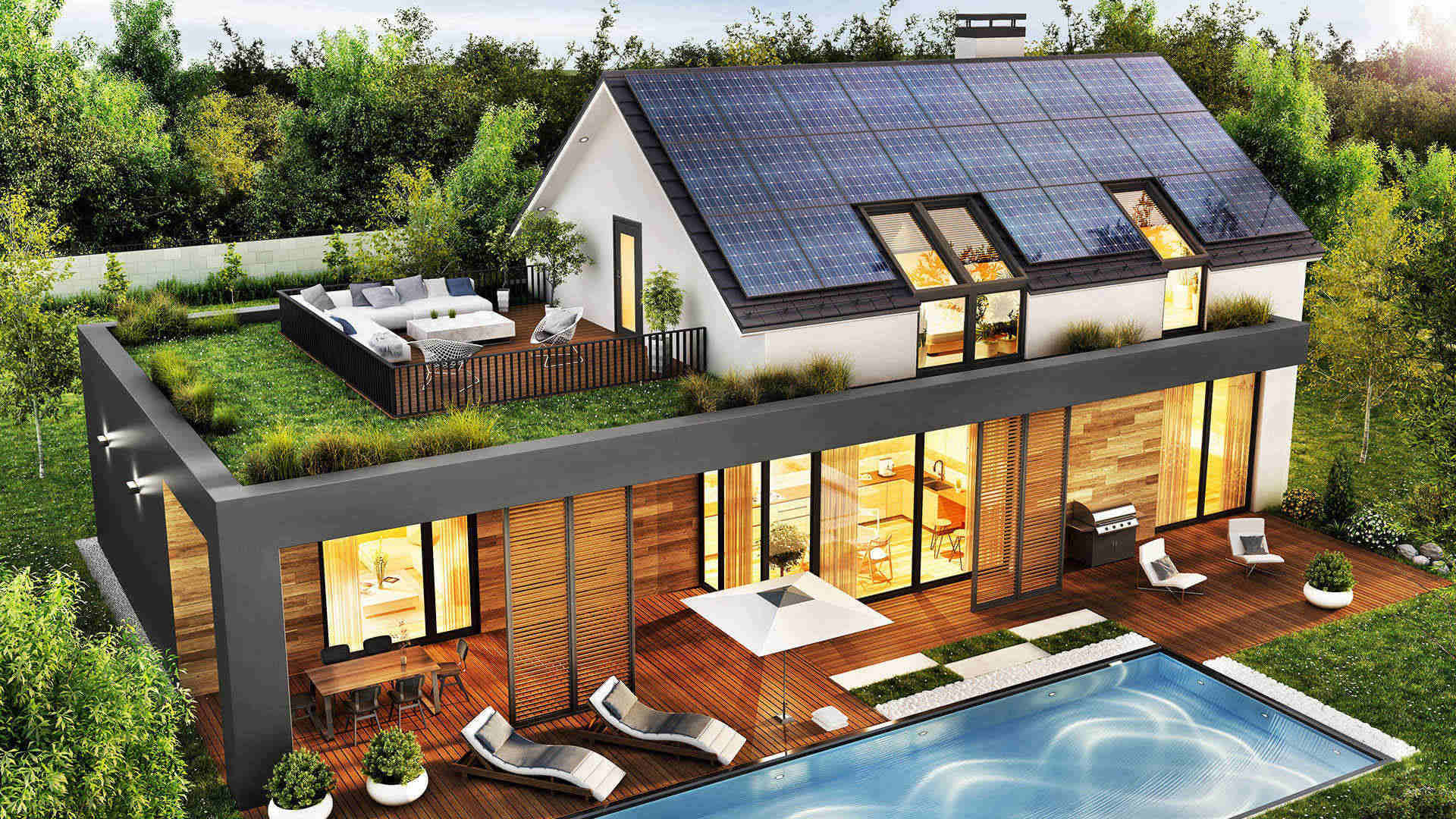 nowoczesny piętrowy dom z panelami fotowoltaicznymi -  w 2021