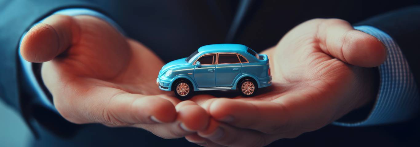 Męskie dłonie prezentujące niebieski model samochodu symbolizujące proces zakupu ubezpieczenia auta