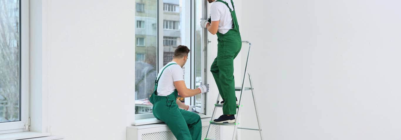 Dwóch fachowców montuje nowe okno PCV wewnątrz mieszkania korzystając z drabiny