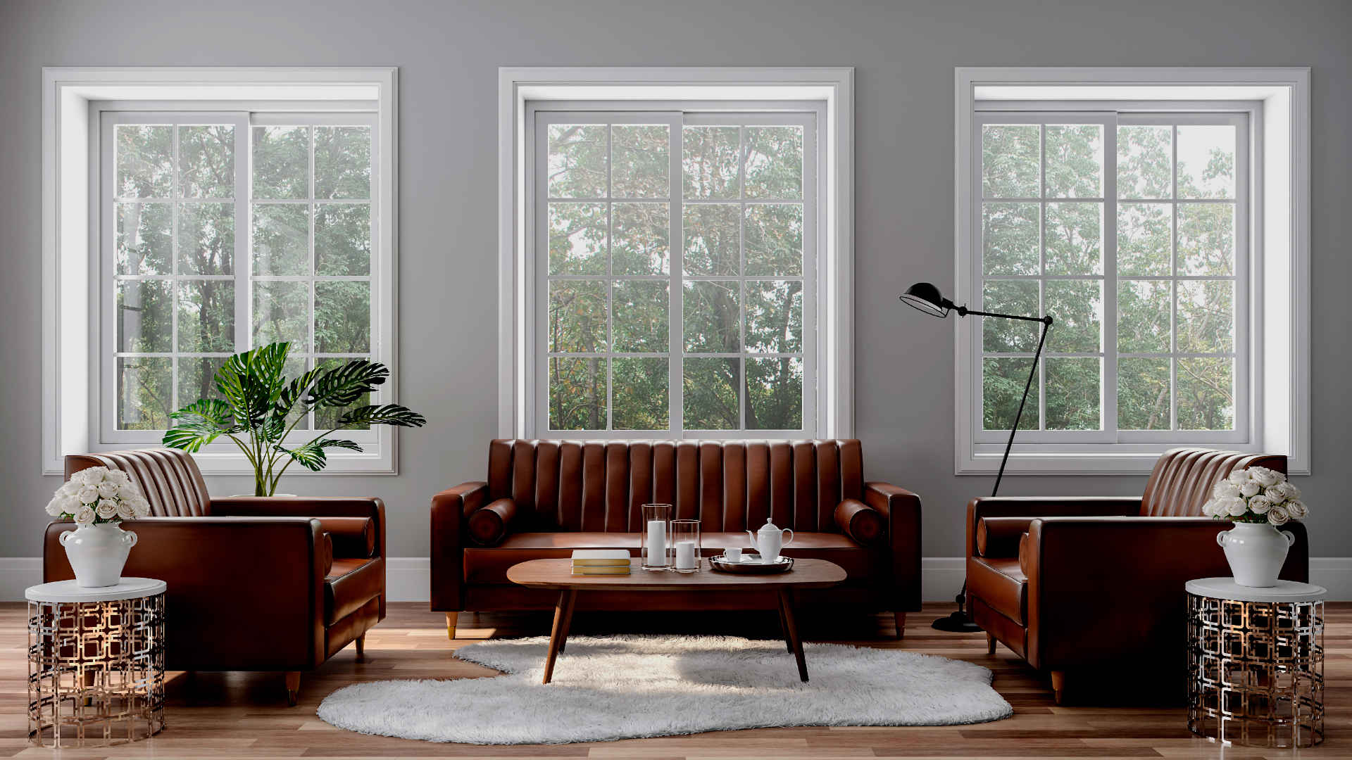 trzy duże okna ze szprosami w salonie urządzonym w klasycznym stylu -  w 2022