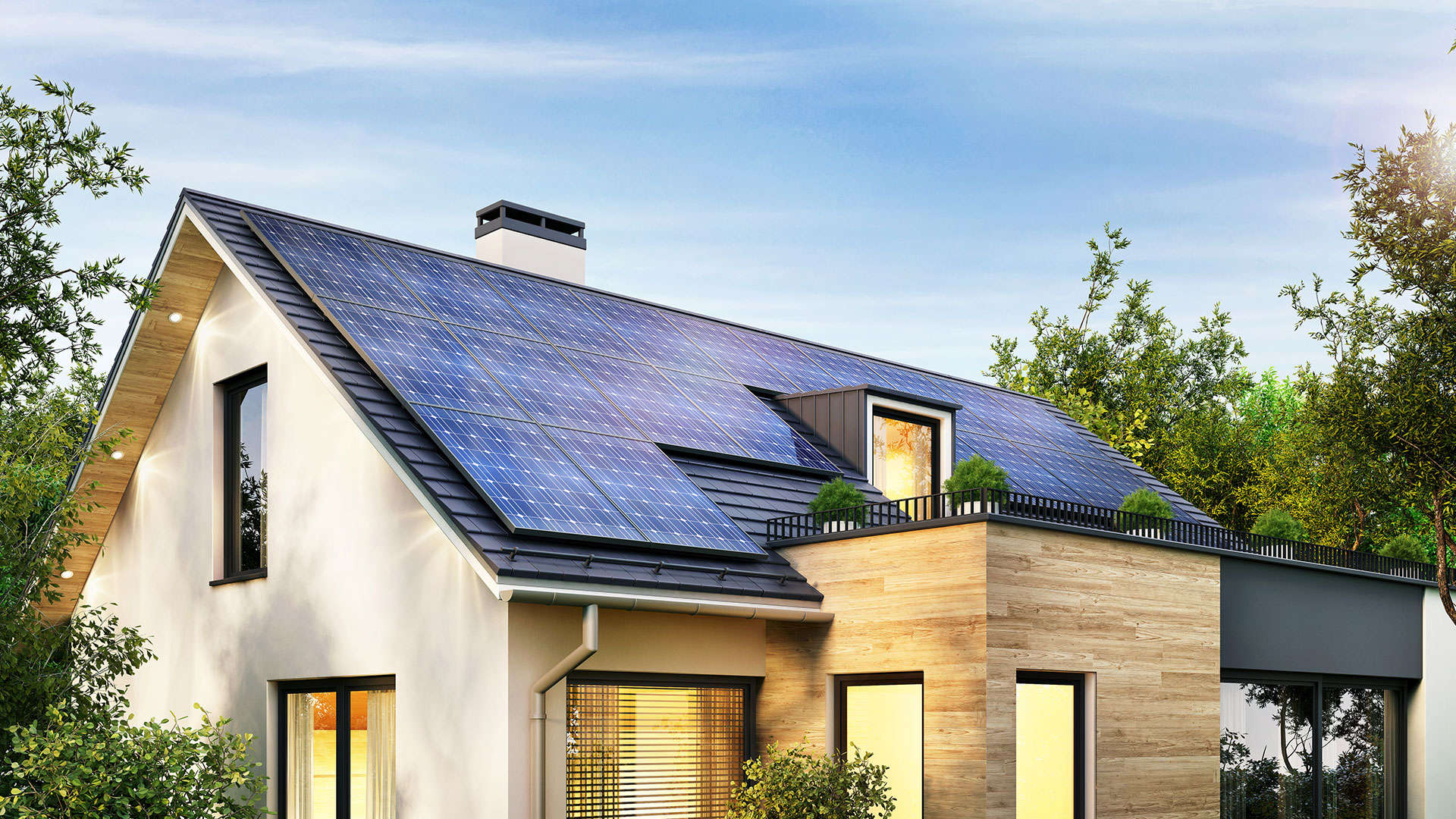 panele słoneczne na dachu białego domu -  w 2023