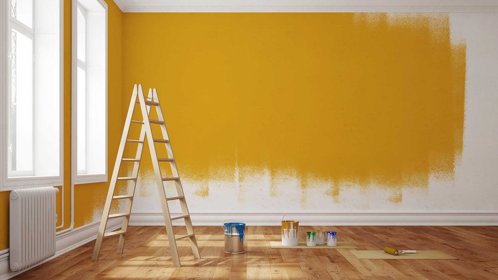 pomieszczenie w trakcie malowania ścian na żółty kolor -  w 2021