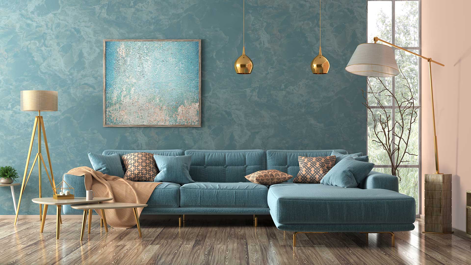 wnętrze nowoczesnego salonu z niebieską ścianą i niebieską sofą -  w 2021