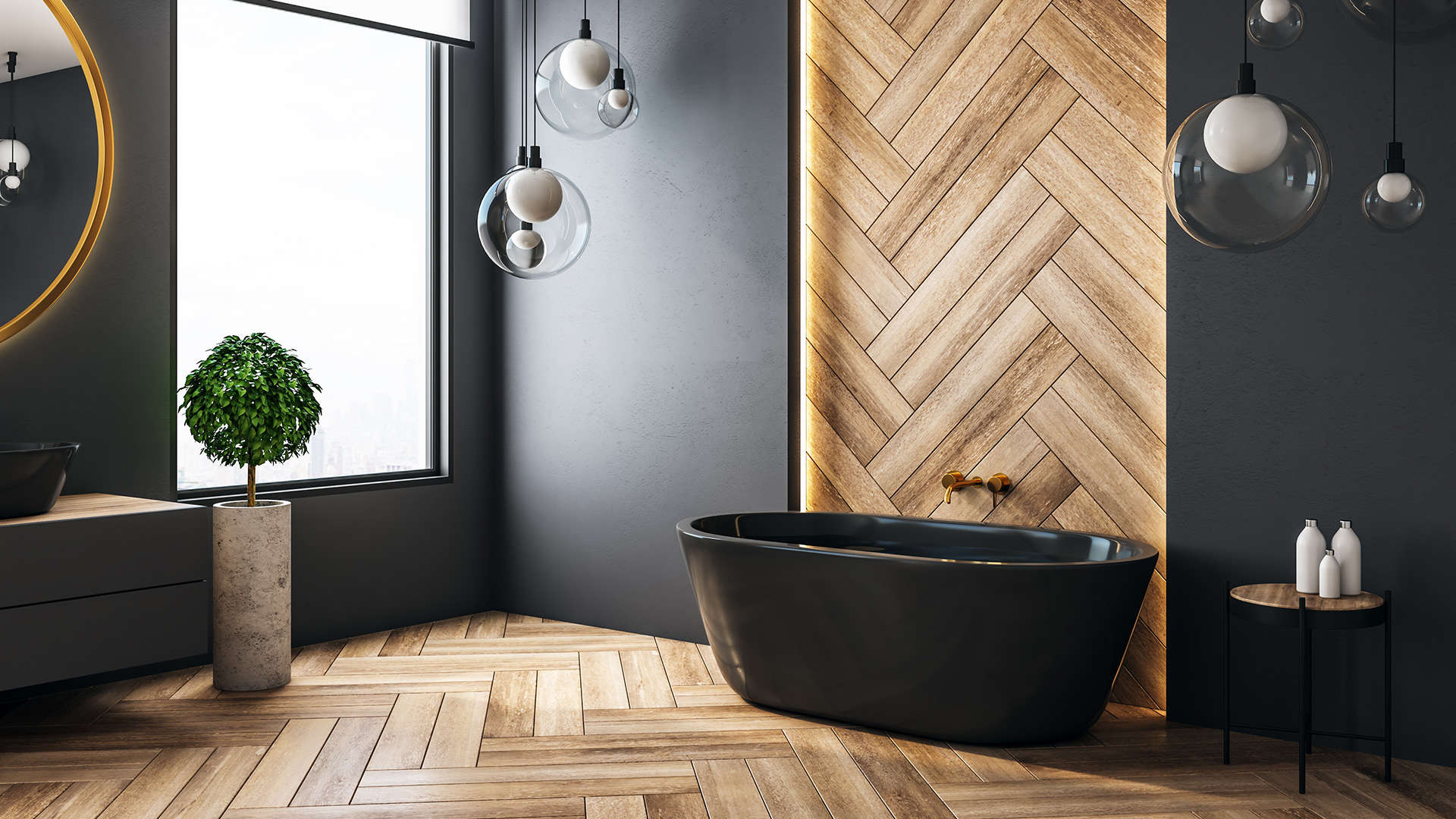 drewnopodobne płytki na podłodze łazienki ułożone w jodełkę -  w 2021