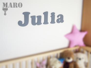 Julia, imię dziecka, napis na ścianę, litery, szare, MDF, inne