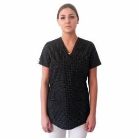 Bluza medyczna damska - czarna w białe grochy - 100% bawełna