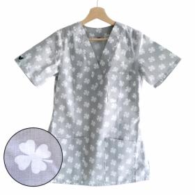 Bluza medyczna damska - szara w białe koniczyny - 100% bawełna