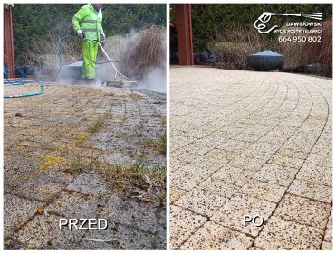 Mycie kostki brukowej gorąco-wodnym agregatem.
