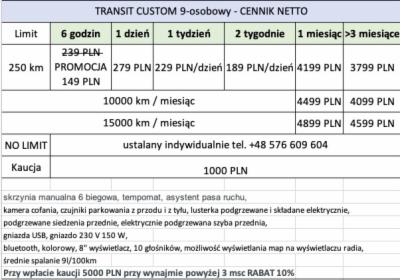Wynajem Ford Custom 9-osobowy - cennik netto