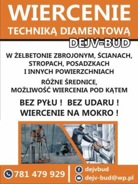Cięcie i wiercenie otworów w betonie, różne średnice, Technika Diamentowa