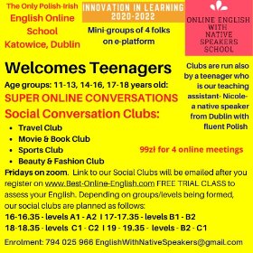 NOWOŚĆ Social Communication Clubs Online for Teenagers; Kluby Towarzystkie dla Nastolatków