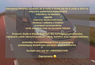 Przewóz do 8 osób w busie lub do 4 osób w SUV-ie :