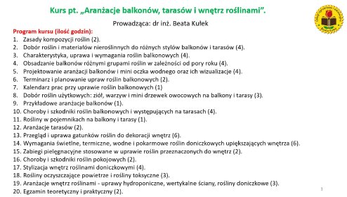 Kurs pt. „Aranżacje balkonów, tarasów i wnętrz roślinami”.