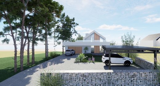 Projekty elewacji i zagospodarowania wokół domu z przynależącą zielenią i architekturą.