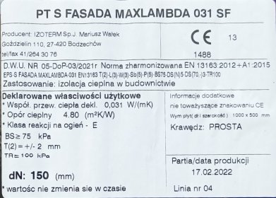 Styropian Izoterm PT S Fasada Max Lambda 031 SF 150 x 1000 x 1500
