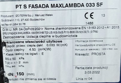 Styropian Izoterm PT S Fasada Max Lambda 033 SF 150 x 1000 x 1500