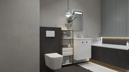 Projekt minimalistycznej łazienki 5m2 bez okna z wanną -produkty za 5100 zł