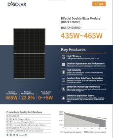 Panel DAS Solar DH108ND Bifacial Double Glass, n-type Black Frame 455 W