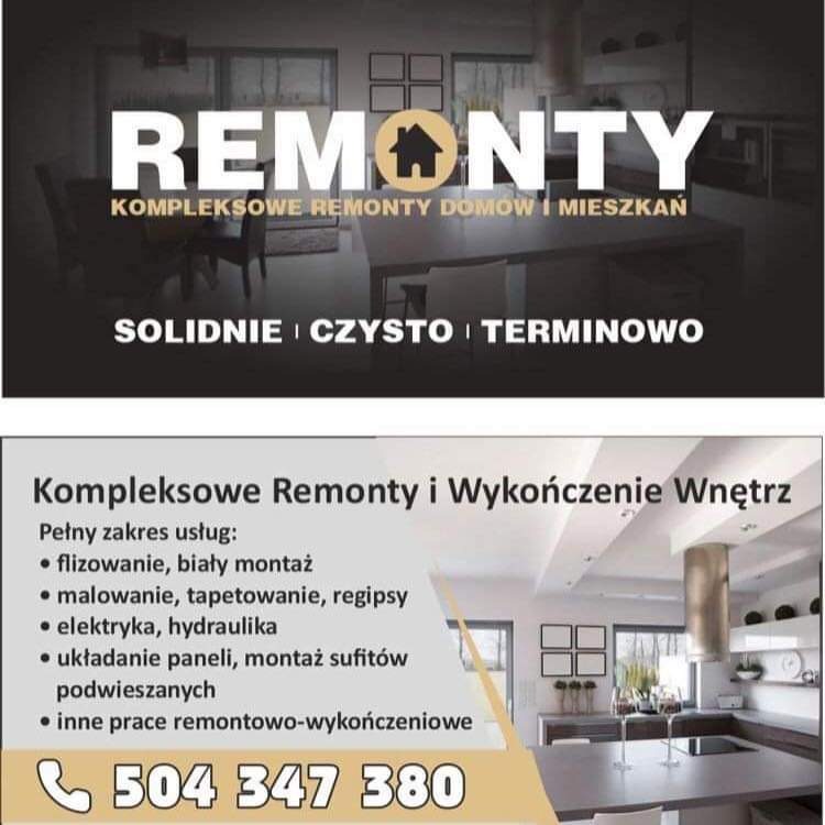 Reklama firmy remontowej oferującej kompleksowe remonty domów i mieszkań, z hasłem 'Solidnie, czysto, terminowo' i numerem telefonu.