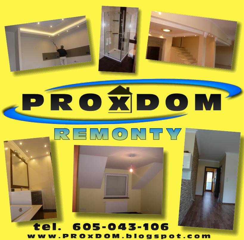 Żółty baner firmy remontowej z Środy Wielkopolskiej. Prezentacja realizacji: malowanie, kabina prysznicowa, schody, łazienka z lustrem, pokój na poddaszu, korytarz.