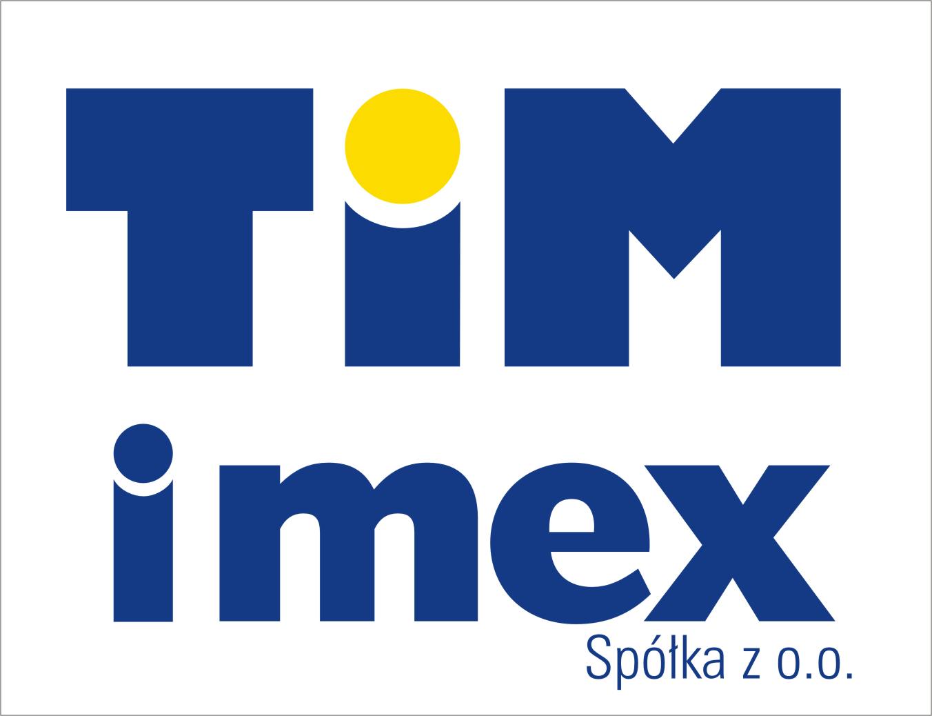 Logo firmy TIM imex Spółka z o.o. z niebieskim napisem i żółtym okręgiem nad literą 'i'.