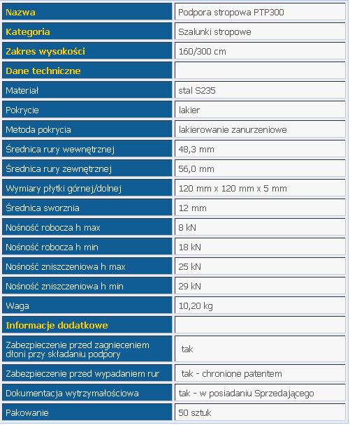 Specyfikacja techniczna podpory stropowej PTP300, zawierająca dane dotyczące materiału, wymiarów, nośności i zabezpieczeń.