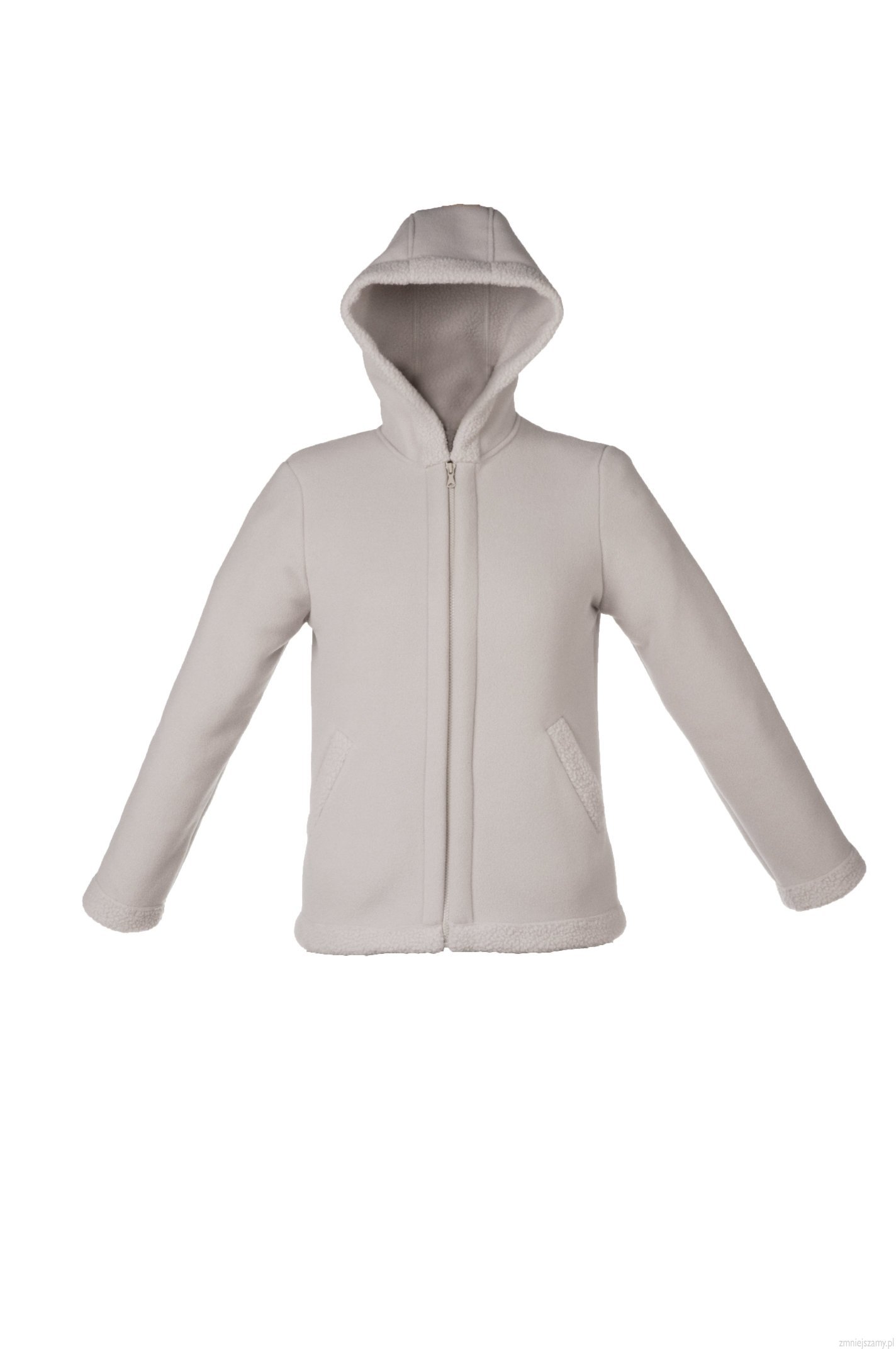 Jasnoszara bluza z kapturem, zapinana na zamek błyskawiczny, z ozdobnym futerkiem na mankietach, kapturze i dolnej krawędzi, prezentowana na białym tle.