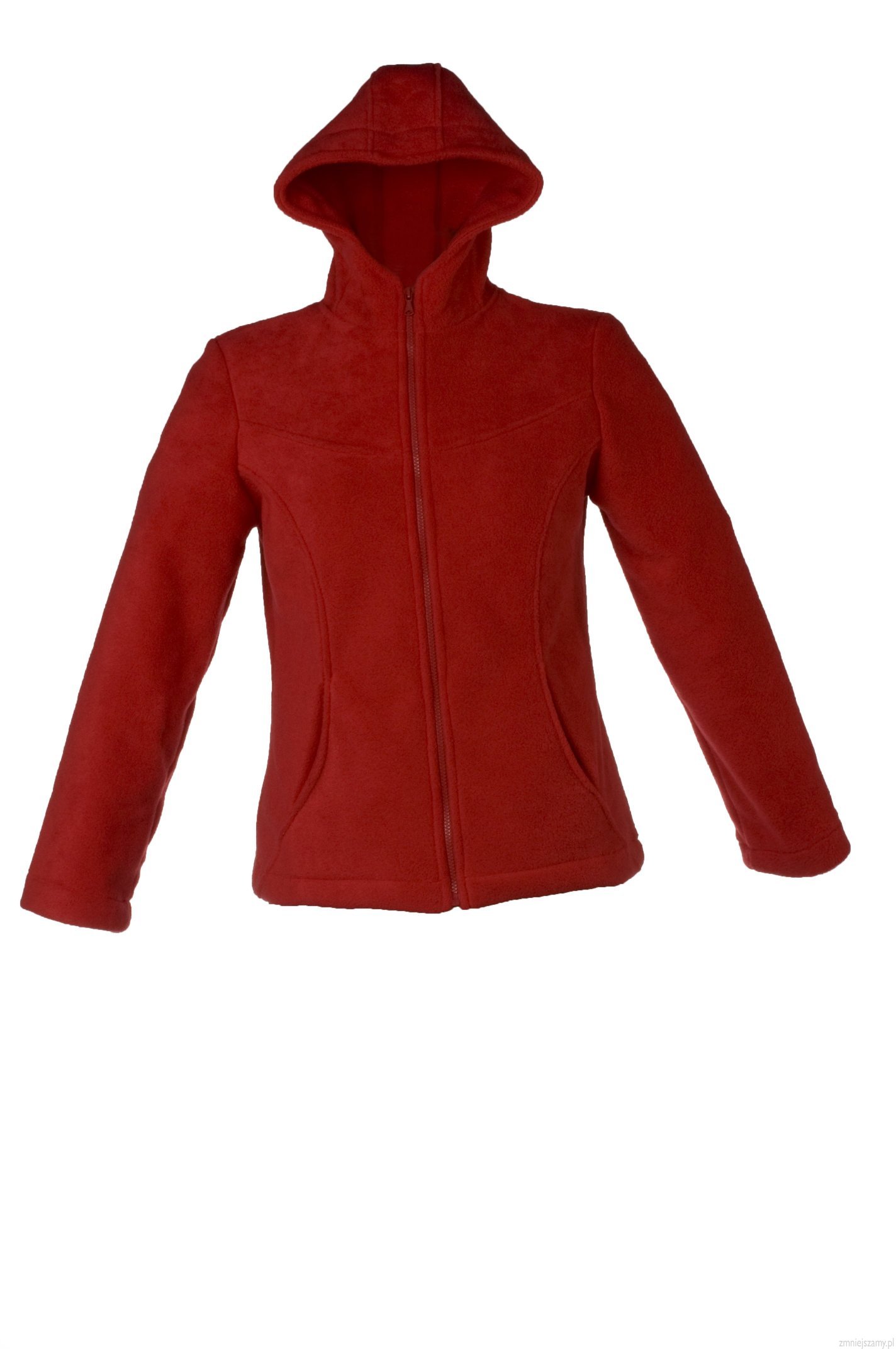 Czerwona bluza polarowa z kapturem, zapinana na zamek błyskawiczny, widoczna na białym tle.
