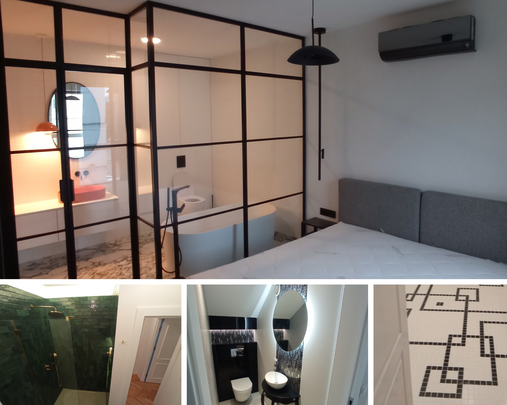 Sypialnia z widokiem na łazienkę oddzieloną szklaną ścianą z czarnymi profilami, widoczna wanna wolnostojąca, umywalka w kolorze koralowym, na podłodze marmur.