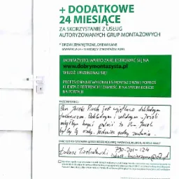 Skan referencji dla montażysty drzwi, z informacją o 5-letniej gwarancji i nagrodach dla mistrzów montażu, zawierający odręcznie napisany tekst pochwalny i dane kontaktowe klienta.