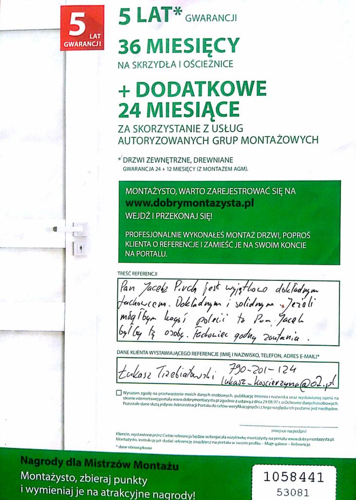Skan referencji dla montażysty drzwi, z informacją o 5-letniej gwarancji i nagrodach dla mistrzów montażu, zawierający odręcznie napisany tekst pochwalny i dane kontaktowe klienta.