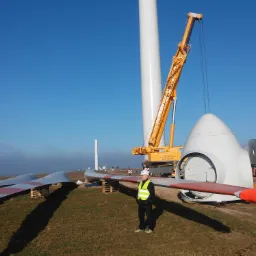 Montaż turbiny wiatrowej: inżynier w kasku i kamizelce odblaskowej nadzoruje podnoszenie łopaty za pomocą dźwigu na tle błękitnego nieba i elementów turbiny.
