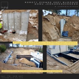 Pace ziemne polegające na wymianie gruntu, montażu muru oporowego z elementów prefabrykowanch typu L, obsypywanie ścian fundamentowych.