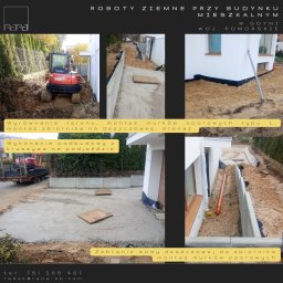 Roboty ziemne przy budynku mieszkalnym w Gdyni. Wyrównanie terenu, montaż murków oporowych typu L, montaż zbiornika na deszczówkę, drenaż, wykonanie podbudowy z kruszywa na podjeździe.