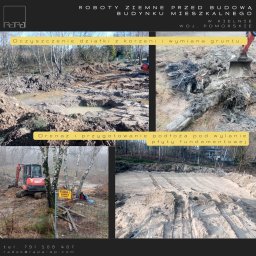 Oczyszczenie działki z korzeni drzew, wymiana gruntu, drenaż, przygotowanie podłoża pod płytę fundamentową.
