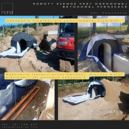 Odkopanie nieprawidłowo zamontowanej ziemianki. Położenie izolacji przeciwwodnej. Zasypanie piwniczki żwirem.