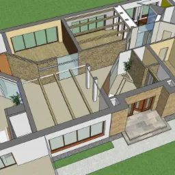 Przekrój 3D projektu domu jednorodzinnego z widoczną kuchnią z wyspą, salonem z drewnianymi belkami stropowymi i fragmentem ogrodu z roślinnością.