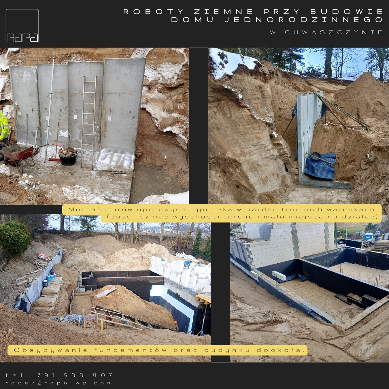 Montaż prefabrykowanych murów oporowych typu L na nierównym terenie. Widoczne obsypane fundamenty i wykop. Prace ziemne przy budowie domu jednorodzinnego.