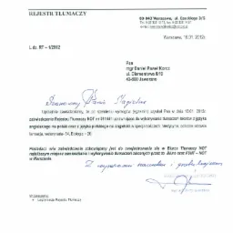 Skan dokumentu z nagłówkiem NACZELNA ORGANIZACJA TECHNICZNA FEDERACJA STOWARZYSZEŃ NAUKOWO-TECHNICZNYCH ZARZĄD GŁÓWNY FSNT-NOT W WARSZAWIE, zawierający informację o wpisie do Rejestru Tłumaczy mgr.