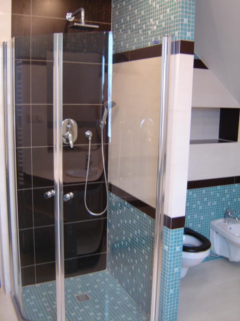 Kabina prysznicowa z brązowymi i mozaikowymi, turkusowymi płytkami, widoczna toaleta i bidet w tle.