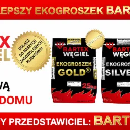 Banner reklamowy firmy Bartex Węgiel prezentujący trzy rodzaje ekogroszku: Gold, Silver i Rubin w 25-kilogramowych workach z informacją o kaloryczności i dostawie do domu.