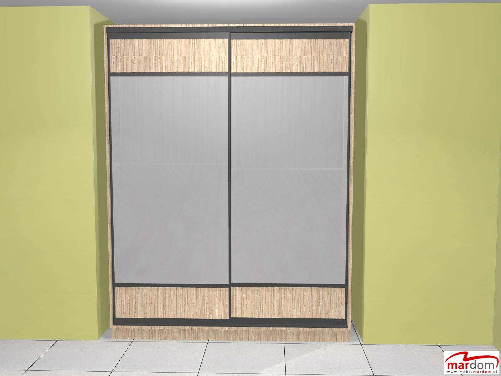 Wizualizacja szafy wnękowej z przesuwnymi drzwiami, wykończonej drewnem i szarym szkłem, w pomieszczeniu z jasnozielonymi ścianami i białą podłogą z płytek.