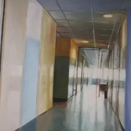 Obraz przedstawia długi, pusty korytarz biurowy z jasnymi ścianami i oświetleniem sufitowym, widziany z perspektywy osoby stojącej na początku korytarza, z widocznym znakiem strzałki na ścianie po...