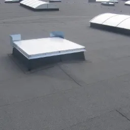 Płaski dach pokryty papą z zamontowanymi świetlikami dachowymi o różnych kształtach, w tym kwadratowym z metalowymi obudowami.