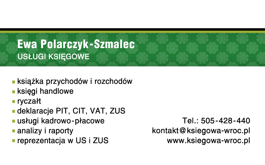 Grafika informacyjna Biura Rachunkowego Ewa Polarczyk-Szmalec z Wrocławia, oferującego usługi księgowe: KPiR, księgi handlowe, ryczałt, deklaracje PIT, CIT, VAT, ZUS, usługi kadrowo-płacowe...