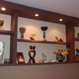 Półki wnękowe z oświetleniem punktowym, dekorowane różnorodnymi przedmiotami: wazonami, figurkami i ramkami ze zdjęciami. Brązowe elementy konstrukcyjne.