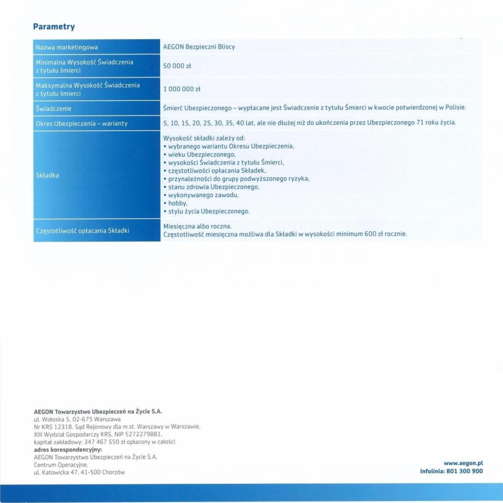 Dokument z parametrami ubezpieczenia na życie 'AEGON Bezpieczni Bliscy', zawierający informacje o minimalnej i maksymalnej wysokości świadczenia, wariantach okresu ubezpieczenia oraz czynnikach...