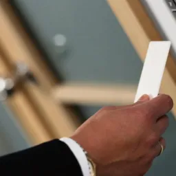 Użytkownik zbliża kartę do panelu domofonu marki Satel, zamontowanego na ścianie w pobliżu drewnianej ramy okna dachowego. Widoczny zegarek i mankiet marynarki.