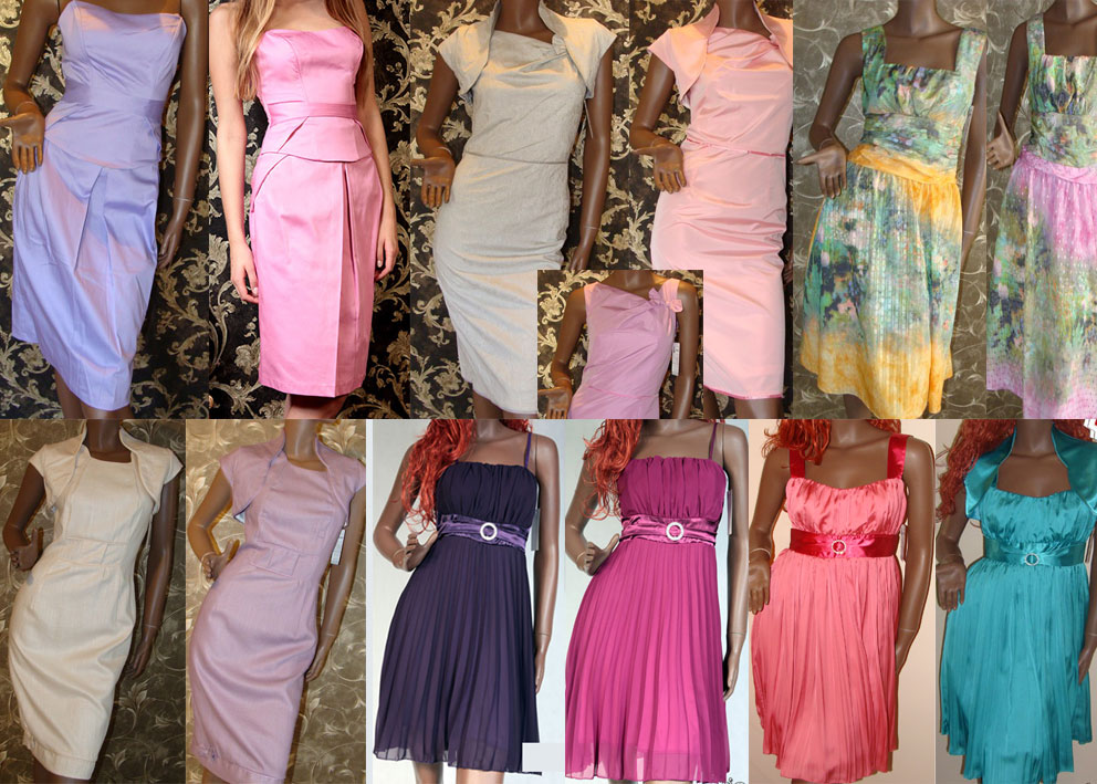 Kolekcja sukienek wizytowych na manekinach, różne kolory i fasony, od pastelowych po intensywne, niektóre z paskami w talii, tło w ornamenty.